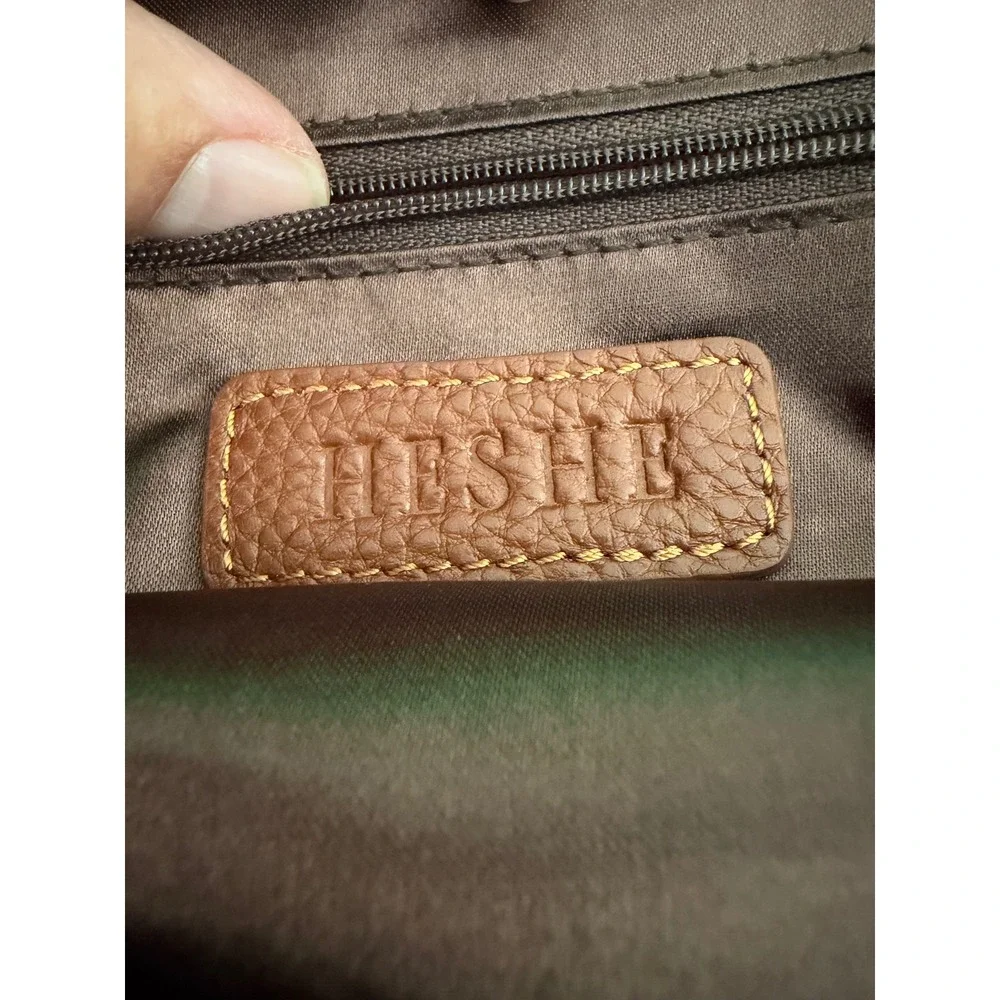 Heshe Brown Pebbled Leather Satchel Triple Compartment Crossbody Bag